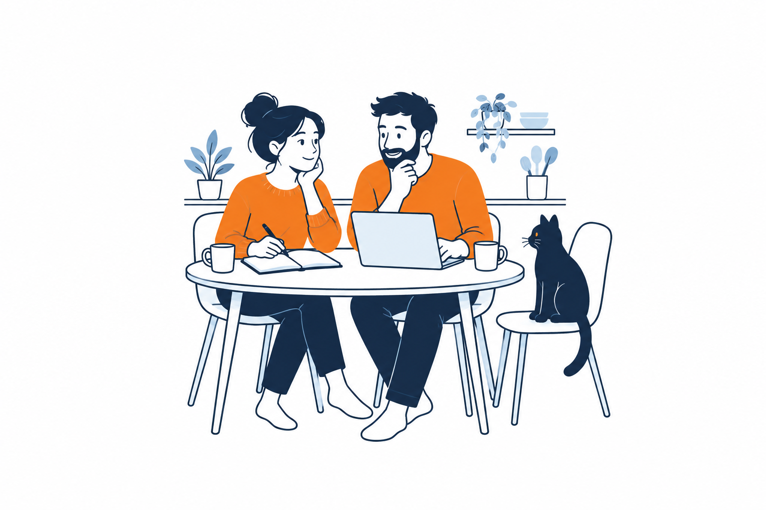 Planning at the kitchen table with a black cat nearby