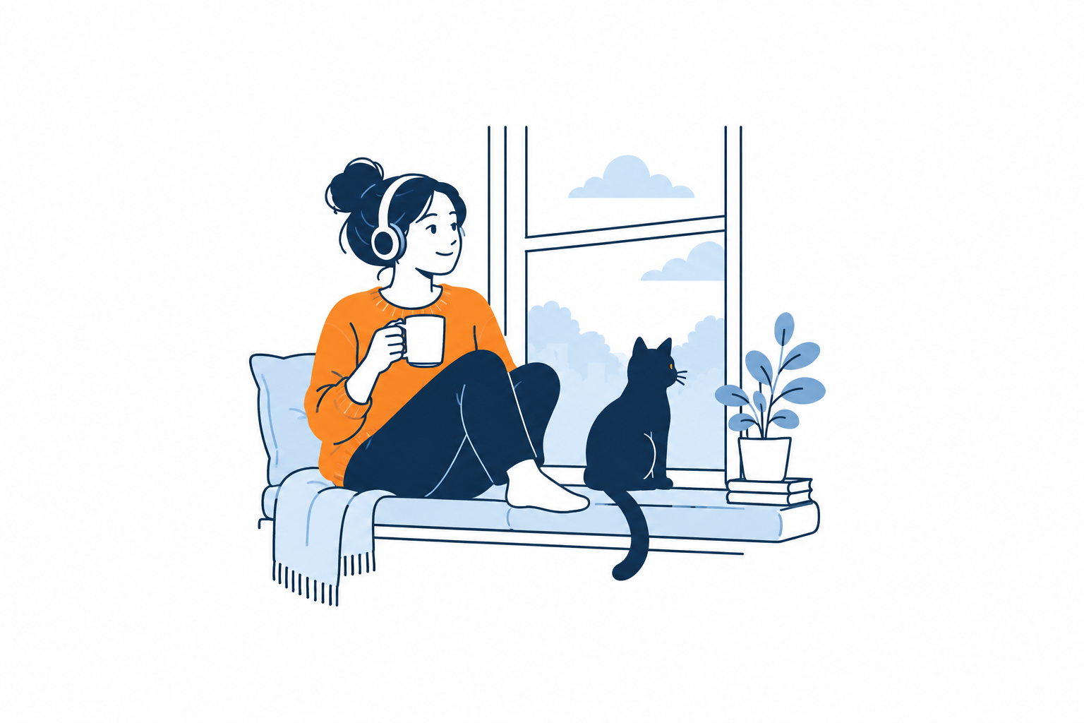 A peaceful coffee break by the window with a black cat