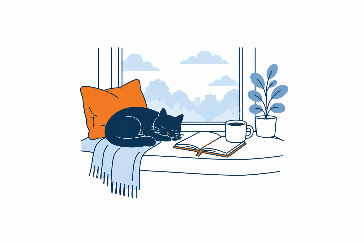 A black cat beside coffee and a notebook