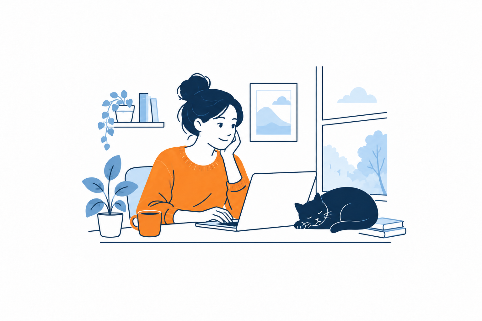 Working from home with a sleeping black cat