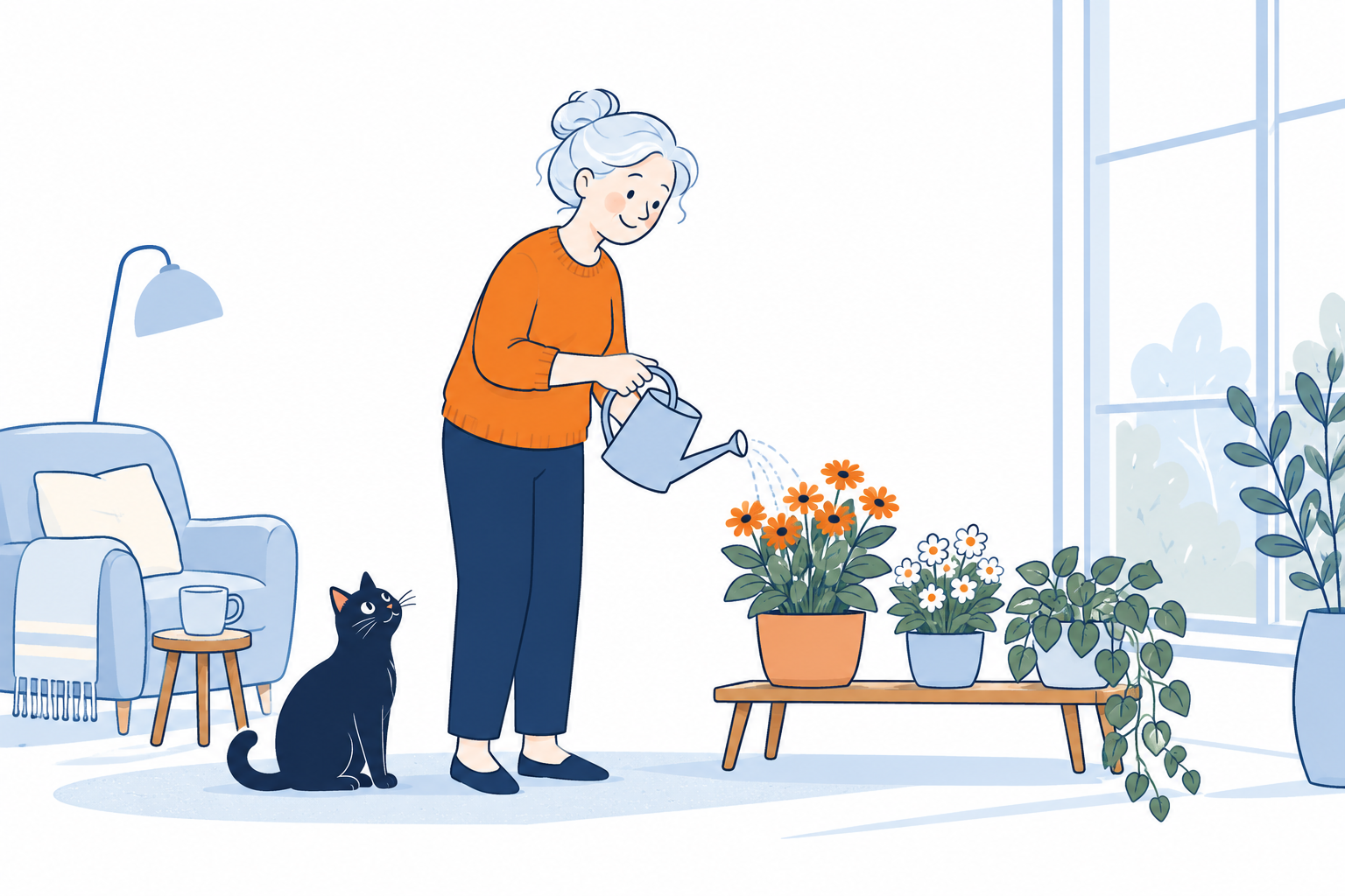A retired woman tending flowers with a black cat nearby