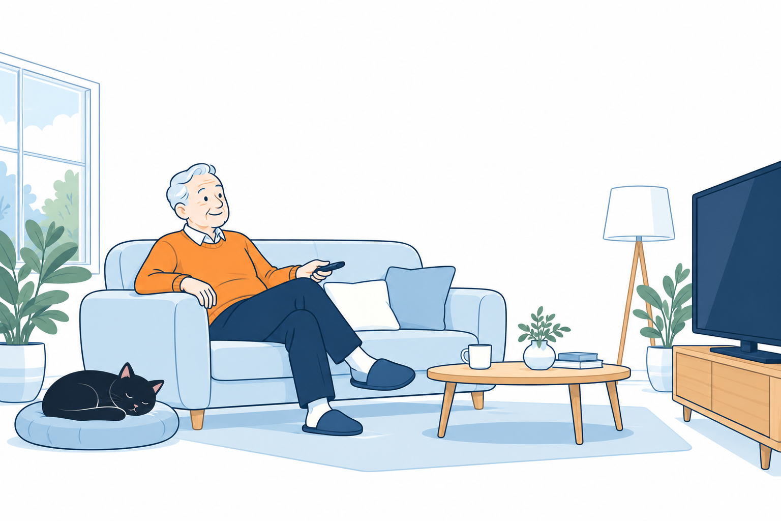 A retired man relaxing with television and his black cat