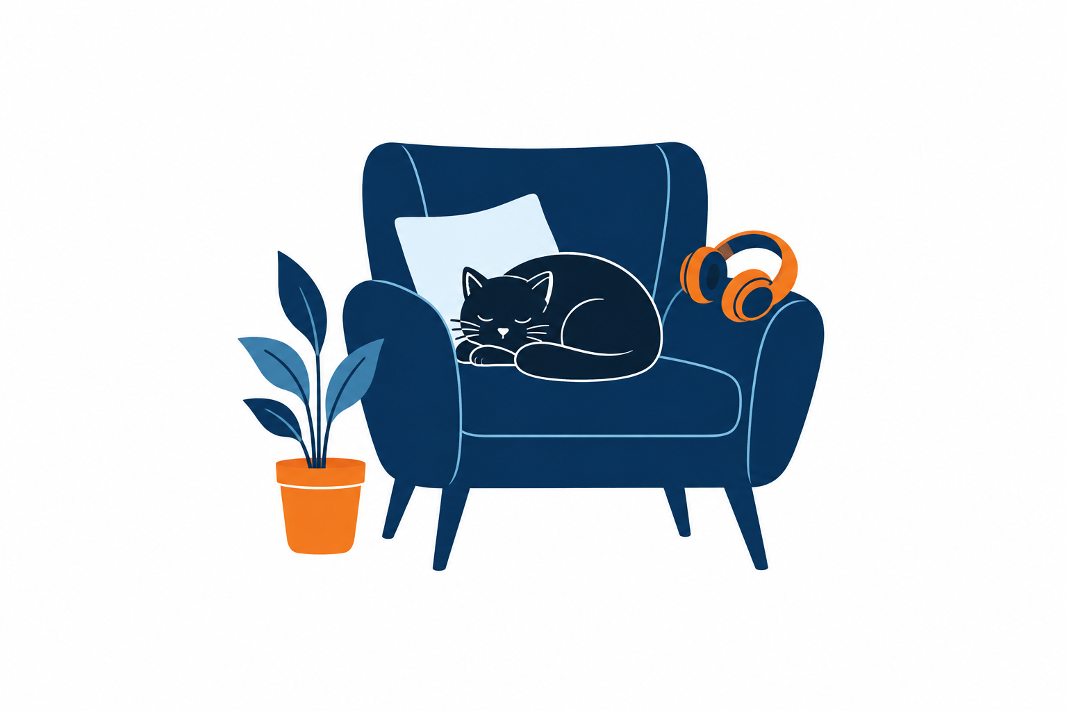A black cat resting on an armchair beside a plant